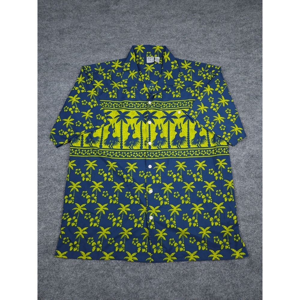 Vintage Ocean Pacific OP Hawaiian Shirt Men's Large Green Hula Loop Collar Poly